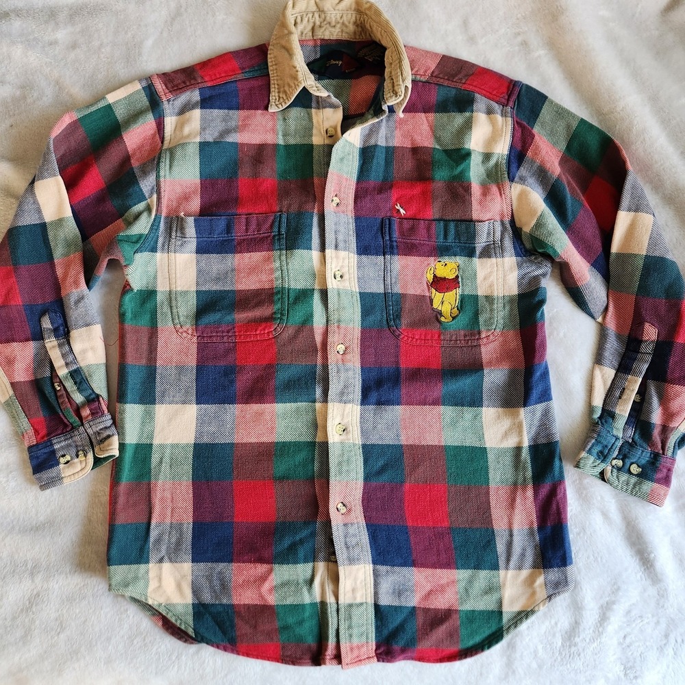 VTG Disney Store Medium Winnie the Pooh Embroidered Corduroy Plaid Flannel Shirt